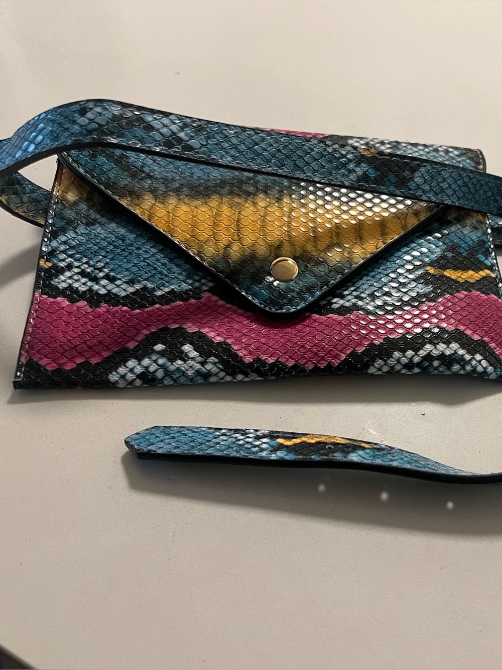 Snake-Print Envelope Waist Bag / Wallet in Blue, Pink & Yellow